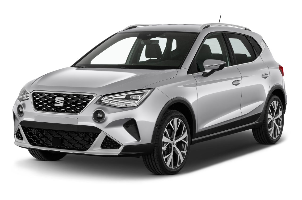 Front three quarter view of a Front three quarter view of a 2022 Seat Arona Experience 5 Door SUV angular front stock photos of front three quarter view